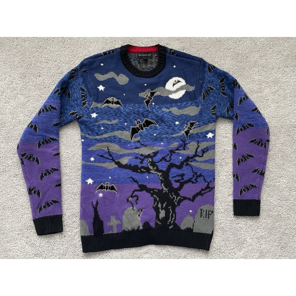 Halloween Holiday Sweater Adult Small Blizzard Bay Bat Moon Headstone Spooky AOP